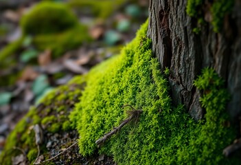 Obraz premium Emerald green moss carpet clinging to weathered bark, texture, close-up