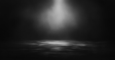 dark empty room illuminated by a single overhead spotlight casting light on a textured floor with soft shadows