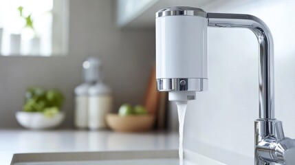 Faucet-mounted water filter attached to chrome tap over white ceramic sink in a contemporary kitchen