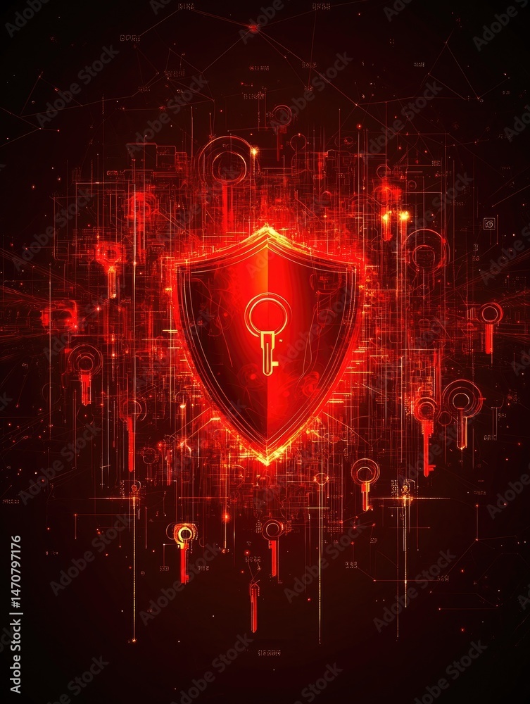Poster abstract digital illustration of a red glowing shield with keyhole and key symbol surrounded by netw