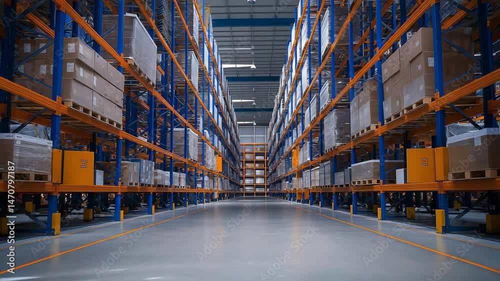 Poster The inside of a very large warehouse, full of shelves stocked with boxes and containers. The space is well lit, showing the symmetrical layout of the racks and aisles.