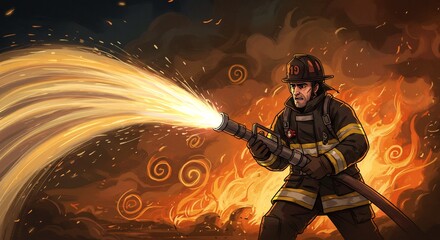 Obraz premium Firefighter Spraying Water on Fire Illustration