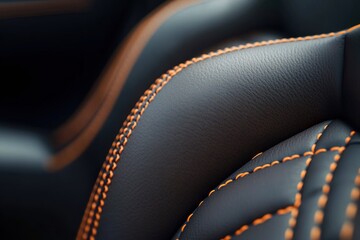 Close-up of premium black leather car seat with contrasting orange stitching showcasing texture and craftsmanship