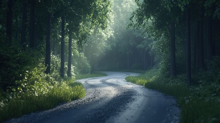 Obraz premium Winding forest road, sunlight, misty morning, nature