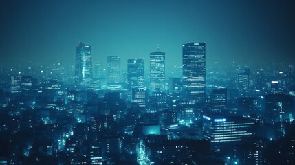 Obraz premium A view of a city at night, bathed in a cool blue light.