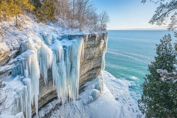 Frozen waterfall cascading down a snow-covered cliff into a turquoise lake under a clear winter sky.