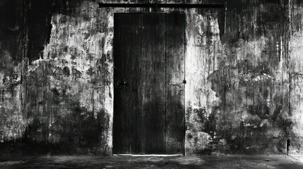Obraz premium A weathered wooden door set into a crumbling wall
