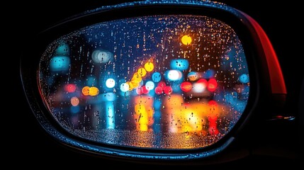 Rainy Night City Lights with Car Mirror.