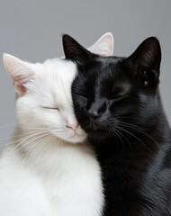 Two cats, one white and one black, resting side by side on a light gray background