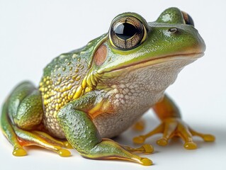 Obraz premium close-up of a vibrant green and yellow frog with large eyes and textured skin against a white background