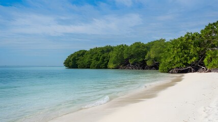 Fototapeta premium A tropical paradise featuring a serene beach with crystal-clear water and lush green trees