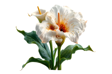 Elegant White Flower with Vibrant Green Leaves Isolated on Black Background for Design and Deco