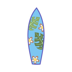 Blue Surfboard with Tropical Flowers and Leaves