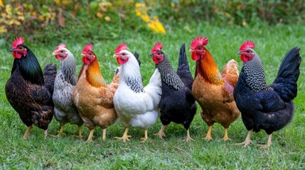 Fototapeta premium A lineup of several colorful chickens stands in a green field