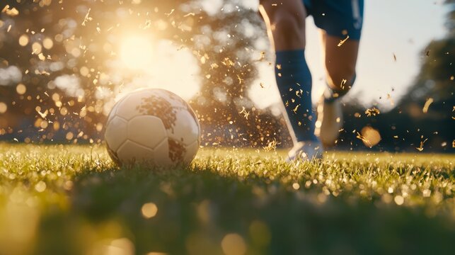 Exciting soccer match in park action shot outdoor sunset glow