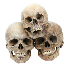 Three human skulls displayed on a transparent background, showcasing intricate details and natural age variations, Human Skulls on transparent background