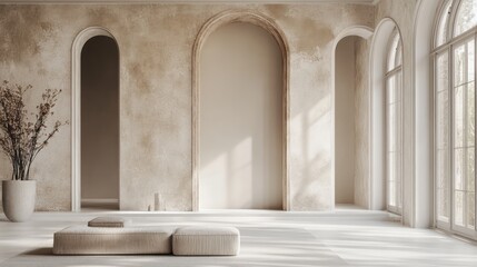 Spacious, light-filled interior with arches and neutral tones.