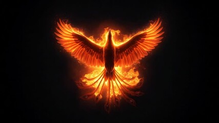 Fiery phoenix rising abstract glowing bird symbol on black background