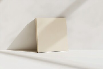 Cream-colored rectangular object, likely a book or a canvas, stands on a white surface.  Natural light casts shadows