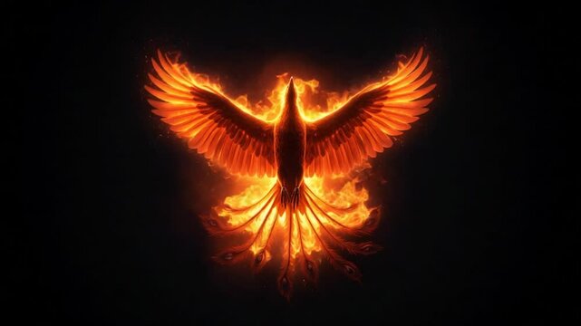 Fiery phoenix rising abstract glowing bird symbol on black background
