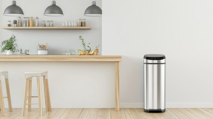 Metallic smart trash can with digital sensor near a breakfast bar and hanging pendant lights