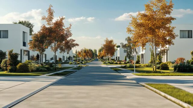 Serene suburban landscape, Modern minimalist homes on tree-lined avenue