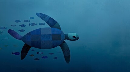 Obraz premium Underwater turtle with school of fish