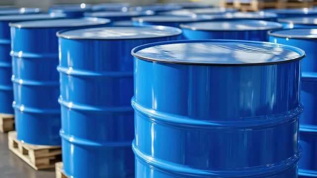 Rows of bright blue metal drums, likely holding chemicals or other liquids, sit on wooden pallets.  Sunlight highlights the sheen of the drums
