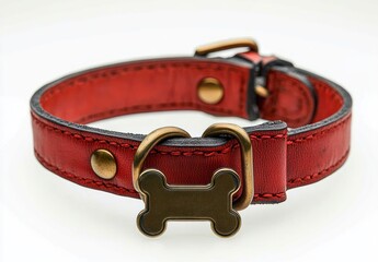 Red leather dog collar with brass bone-shaped tag and buckle on a white background