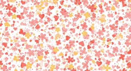 Whimsical pattern of hearts and flowers in pastel colors.