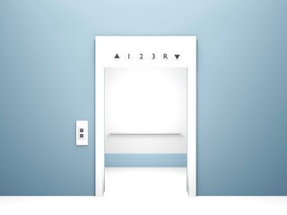 3Dレンダリングのドアが開いているエレベーター