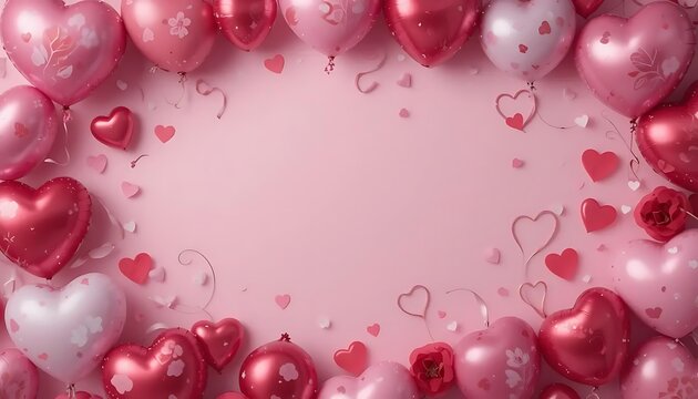 Fototapeta Romantic background featuring 3D pink and red hearts scattered around a soft pink backdrop with empty space in the center, perfect for Valentine's Day, love-themed messages, or greeting cards.