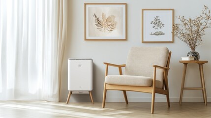 Modern purifier running near fabric armchair and framed art on wall in cozy reading area