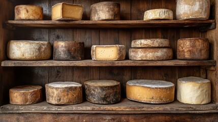 Aged cheeses arranged on rustic wooden shelves.