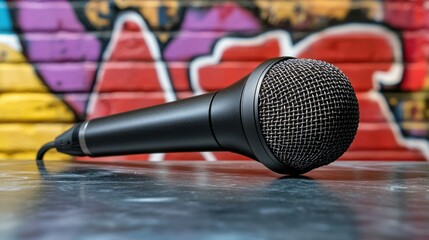 Obraz premium Black microphone on a surface, graffiti background