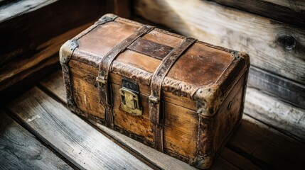 Obraz premium An antique travel chest sitting on wooden weathered planks