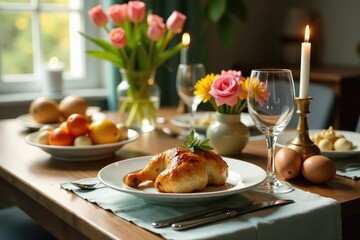 A beautifully set Easter dinner table with festive decorations and delicious food , spring dinner, food, holiday