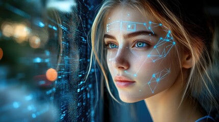 Woman with futuristic face scan, and window view.