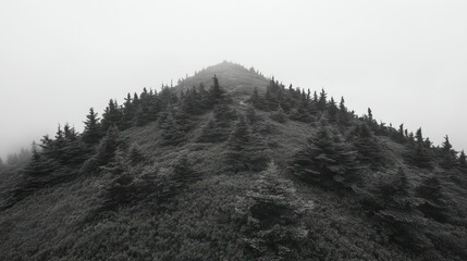 Naklejka premium A mist covered mountain slope is densely populated with trees