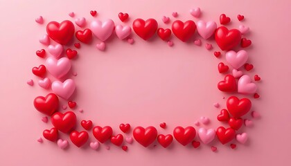 Obraz premium Romantic background featuring 3D pink and red hearts scattered around a soft pink backdrop with empty space in the center, perfect for Valentine's Day, love-themed messages, or greeting cards.