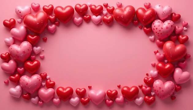 Fototapeta Romantic background featuring 3D pink and red hearts scattered around a soft pink backdrop with empty space in the center, perfect for Valentine's Day, love-themed messages, or greeting cards.