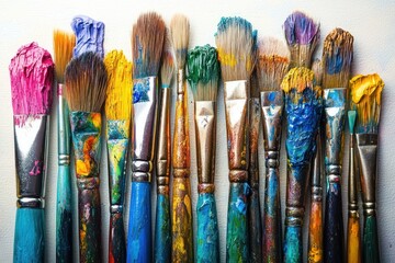 Fototapeta premium A row of various paintbrushes covered in bright, thick colorful paint arranged closely together on a white background