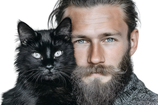 Portrait of a man with a beard and a black cat - Powered by Adobe