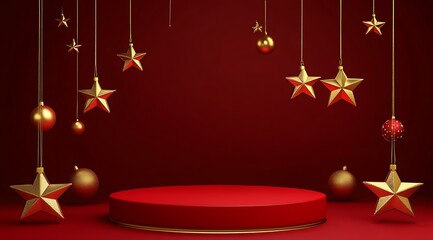 Red podium stage product display presentation backdrop with Christmas elements,  red background.