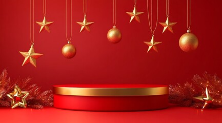 Red podium stage product display presentation backdrop with Christmas elements,  red background.