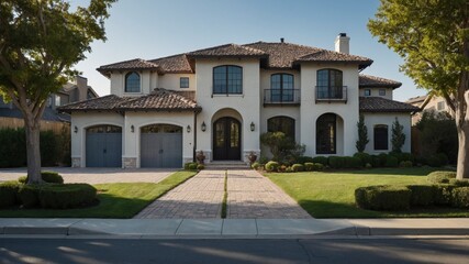 Fototapeta premium Charming two-story house with european-inspired design nestled in a suburban desert setting surrounded by lush greenery and beautiful architecture