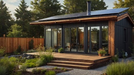 Fototapeta premium Innovative two-story house with solar panel roof set in a desert landscape combining modern design with eco-friendly features for sustainable living
