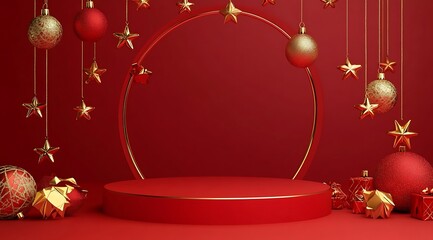 Red podium stage product display presentation backdrop with Christmas elements,  red background.