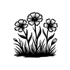 Stylized floral arrangement featuring blossoming plants in a monochromatic design