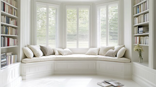 Window nook with custom cushions, books, and modern blinds